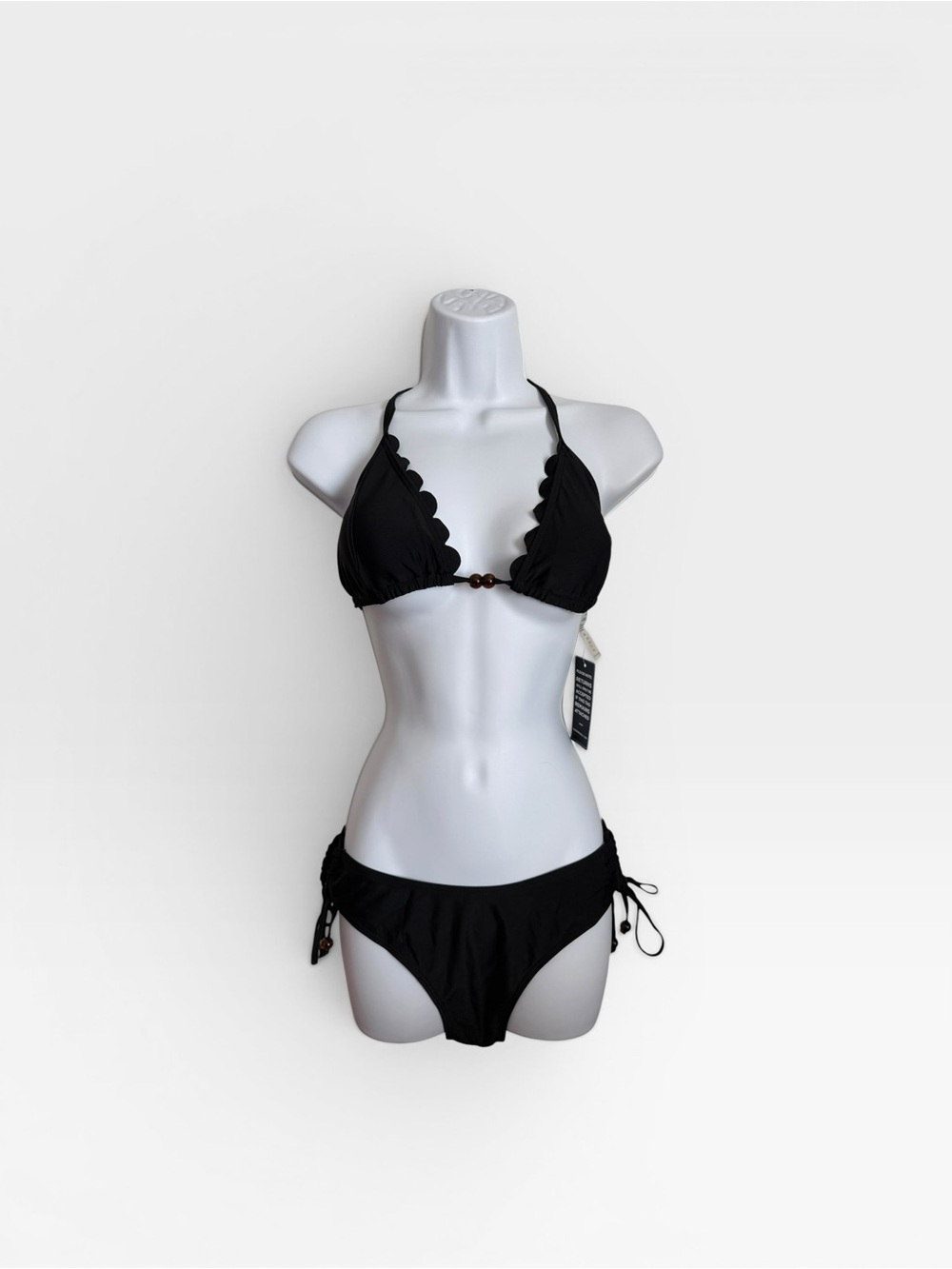 Women's Black Scallop Triangle Bikini Set with wood beads